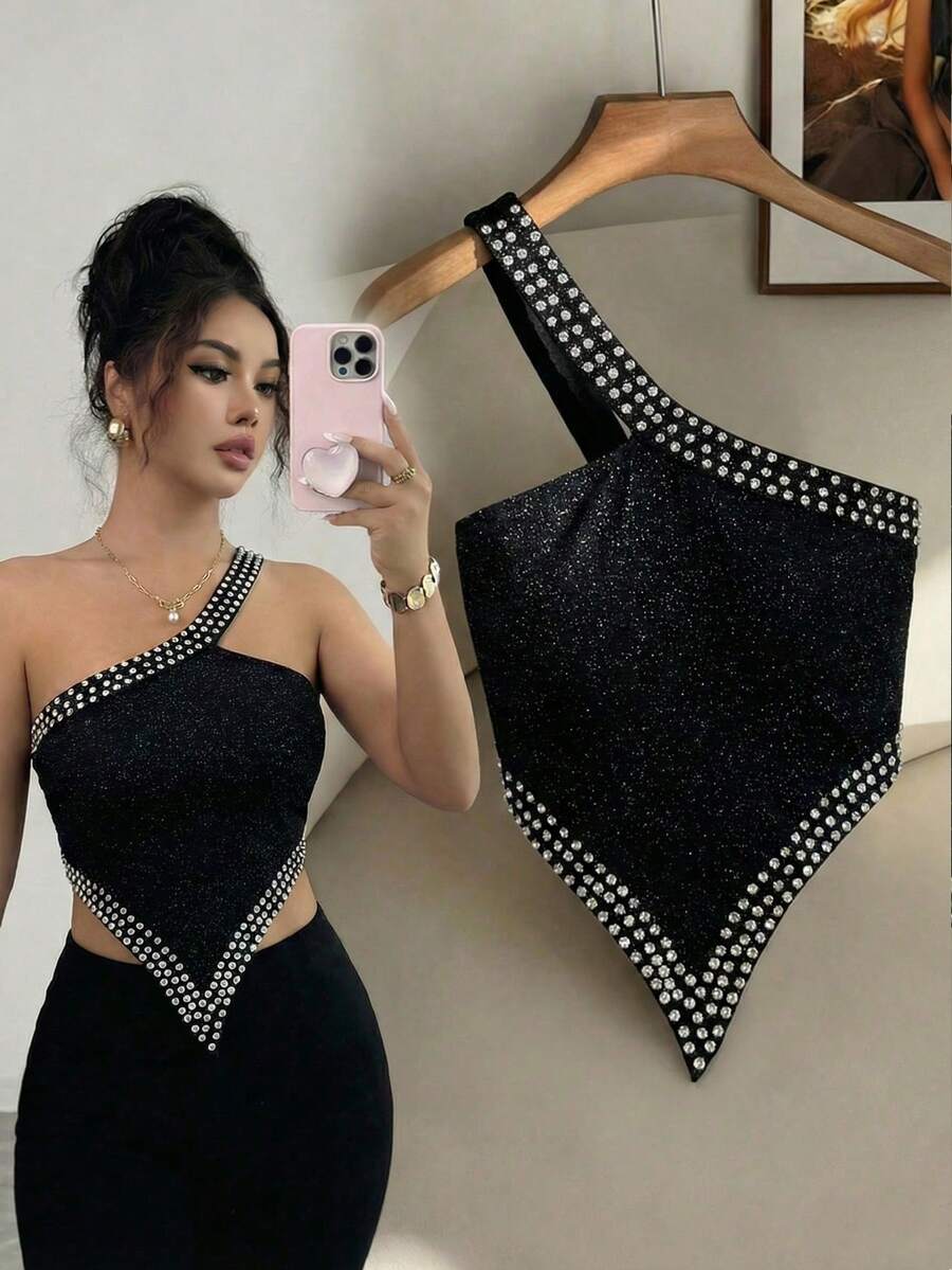 Elenzga 优雅浪漫珍珠水钻装饰不对称肩部连衣裙（女款） - 黑色 - 查看 1