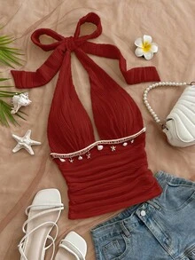 Soleia Áo hai dây cổ yếm màu trơn thời trang mùa hè ôm sát, chất liệu vải có họa tiết nhún bèo, dáng suông. - Màu Đỏ Sâu - Xem 3