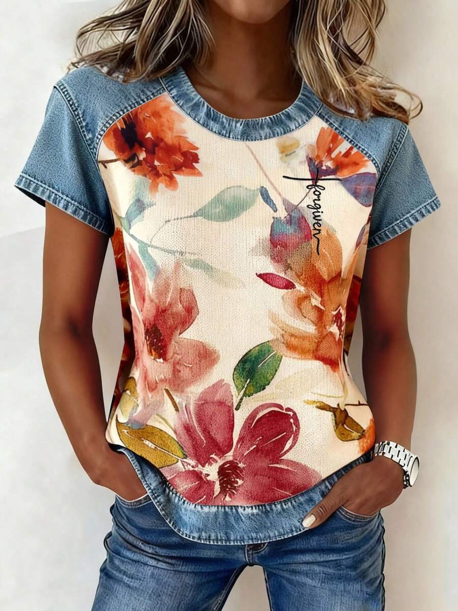 EMERY ROSE Blume Muster Lässig Komfort Kurzarm T-Shirt, Sommer - Verschiedenfarbig - Übersicht 1