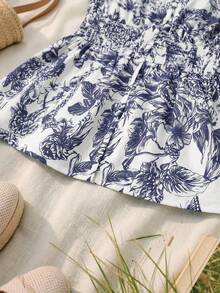 Franclia Blue & White Floral Print V-Neck Ruffle Short Cap Sleeve Women Blouse - Blue - View 4