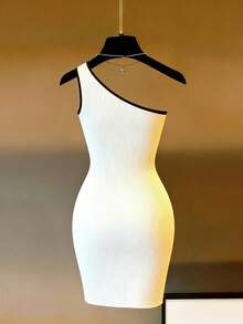 Franclia Women's Elegant Black And White Colorblock Ribbed Knit Bodycon Dress, One Shoulder Asymmetric Dress For Summer,Dinner Date,Wedding,Y2k Outing - White - View 3
