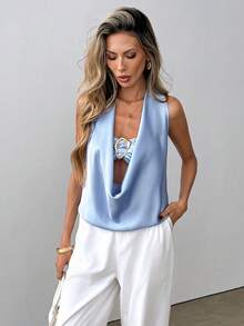 SHEIN Raffinéa Women's New Sexy Deep V-Neck Backless Camisole Shirt With Metal Decor, Sexy Blouse - Blue - View 5