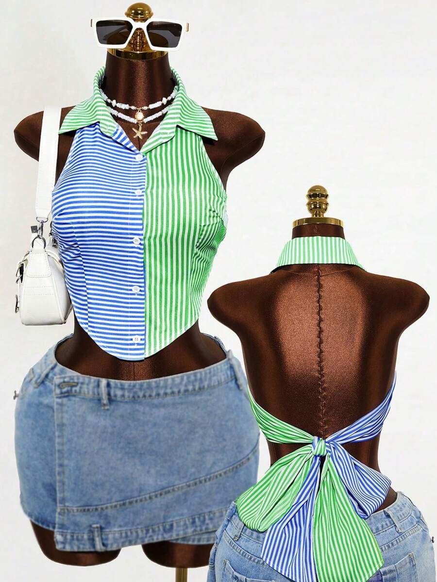 Mistrie Spring And Summer Back Tie Bow-Knot Casual Design Sense Shirt - Multicolor - View 1