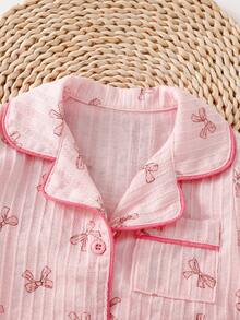 女婴两件套柔软蝴蝶结装饰上衣和裤子套装，舒适提花领短袖服装，夏季 - 粉色 - 查看 7