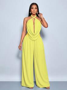SOLERSUN Women's Light Green Chiffon Halter Neck Vest & Wide-Leg Pants 2 Pieces Set,Summer Tropical Holiday Vacation Holiday Suit For Music Festival Concert - Yellow - View 5