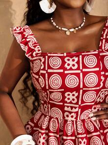 Lunelith SHEIN Lunessa Women's Graphic Print Ruffle Trim Square Neck Casual Dress - Red - View 3