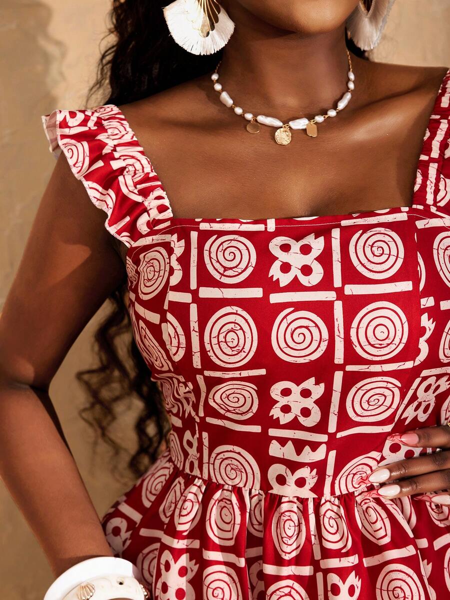 Lunelith SHEIN Lunessa Women's Graphic Print Ruffle Trim Square Neck Casual Dress - Red - View 1