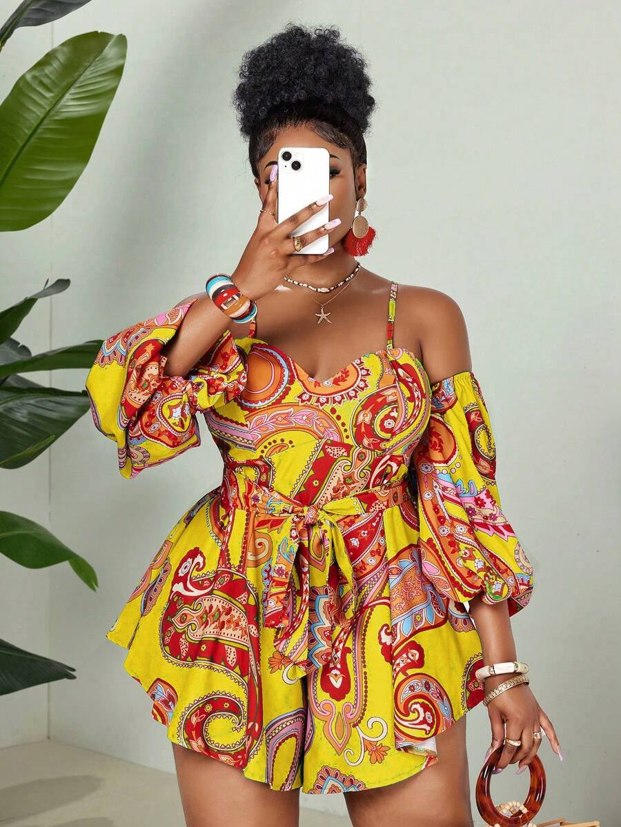 Maweii Plus Size Digital Print Elegant Off-Shoulder Backless Jumpsuit - Yellow - View 1