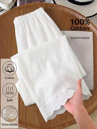 EMERY ROSE Women's Solid Color Elastic Waist Pockets Wide Leg Loose Casual Pants Loose Pants For Women Cotton Pants White Wide Leg Pants Cotton Wide Leg Pants Wide Leg Pants Woman Oversize Pants For Women Korean Pants For Women Pants For Women Casual Wide Leg Pants Woman High Waist Bubble Pants For Women