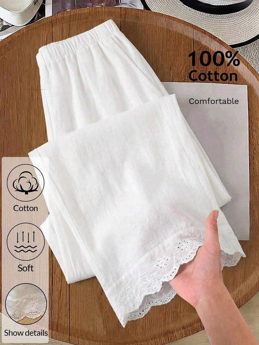 EMERY ROSE 女士纯色弹力腰带口袋阔腿宽松休闲裤 - 白色 - 查看 1