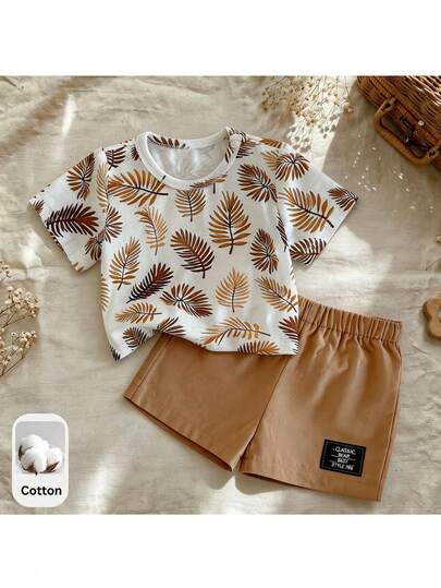 Loomiva Newborn Baby Girl 2pcs Set: Decorated Pocket Round Neck Short Sleeve Top And Elastic Waist Shorts