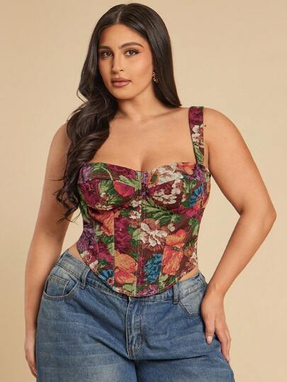 SHEIN BAE Plus Size Women Floral Print Sexy Versatile Casual Top,Womens Plus Size Floral Tapestry Sweetheart Neck Corset Top
Chic Plus Size Floral Print Boned Corset Top With Straps
Elegant Multicolor Floral Pattern Corset Top For Women Plus Size