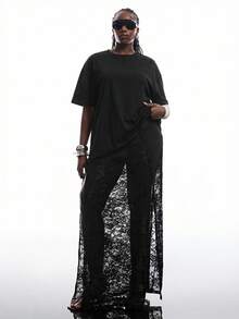 SHEIN EZwear Áo thun nữ cỡ lớn mùa hè, phong cách thường ngày, thanh lịch, màu trơn, vạt ren bất đối xứng, dáng rộng. - màu đen - Xem 4