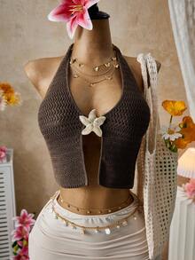 SHEIN Glamour Women's Vacation Casual Spaghetti Strap Cardigan Camisole - Coffee Brown - View 3