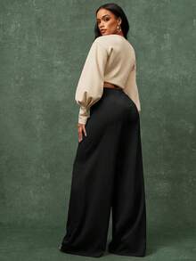 Pantalones elegantes de cintura alta con diseño plisado y corte acampanado para mujer - Negro - Ver 10