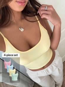 SHEIN EZwear 4 件套女士紧身短款休闲背心，粉色、蓝色、黄色、绿色，适合夏季 - 彩色 - 查看 3