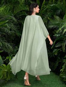 Modelyn Bộ 2 món dành cho nữ, mùa xuân/hè: Áo khoác dài tay bằng vải chiffon dệt màu mơ thanh lịch và váy chữ A không tay bằng vải dệt họa tiết màu mơ, thắt eo, kiểu dáng thanh lịch. - màu xanh lá - Xem 2