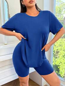 SHEIN EZwear 4件套加大码纯色套装 - 2件短袖上衣 + 2条及膝短裤 - 霧霾藍 - 查看 5