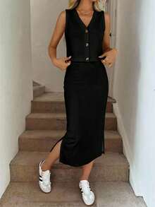 SHEIN LUNE Bộ đồ nữ gồm áo khoác cardigan cài nút và chân váy ngắn, thích hợp cho mùa xuân/hè. - Nhiều màu - Xem 5