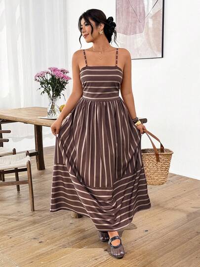 Lounesse Đầm dài không tay kẻ sọc màu nâu cỡ lớn, đa năng, phù hợp mặc hàng ngày và đi làm, thiết kế hở lưng, kiểu dáng rộng rãi.