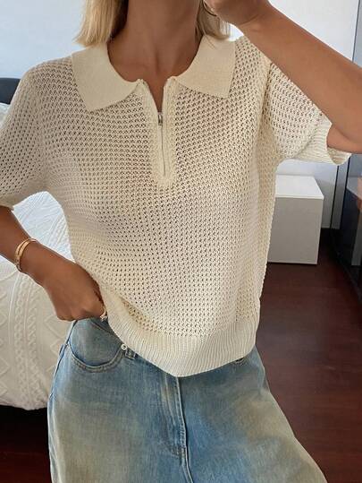 DAZY 女士纯色轻薄镂空短袖休闲度假夏季薄针织上衣