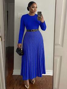 SHEIN Lady CURVE 秋冬优雅通勤办公室彩色针织立领喇叭中长袖大码连衣裙冬季女装感恩节女装冬季服装长袖连衣裙冬季冬装 - 寶藍色 - 查看 1