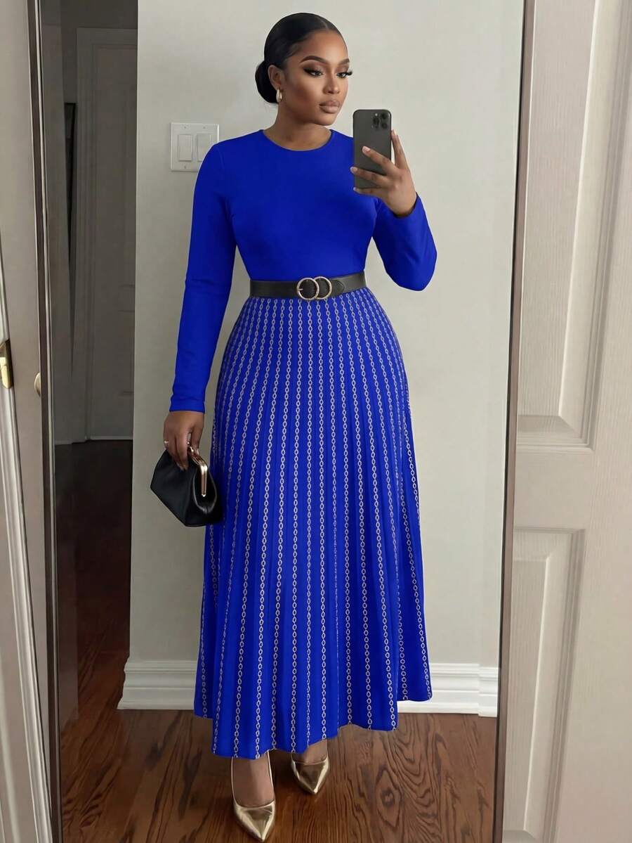 SHEIN Lady CURVE 秋冬优雅通勤办公室彩色针织立领喇叭中长袖大码连衣裙冬季女装感恩节女装冬季服装长袖连衣裙冬季冬装 - 寶藍色 - 查看 1