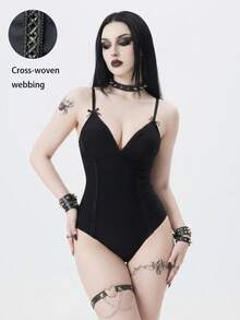 ROMWE Goth 女士时尚性感纯色连体泳衣 - 黑色 - 查看 3