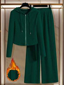 Franclia Women's Casual Solid Color Hoodie And Pants 2 Pieces Set, Autumn - Dark Green - View 5