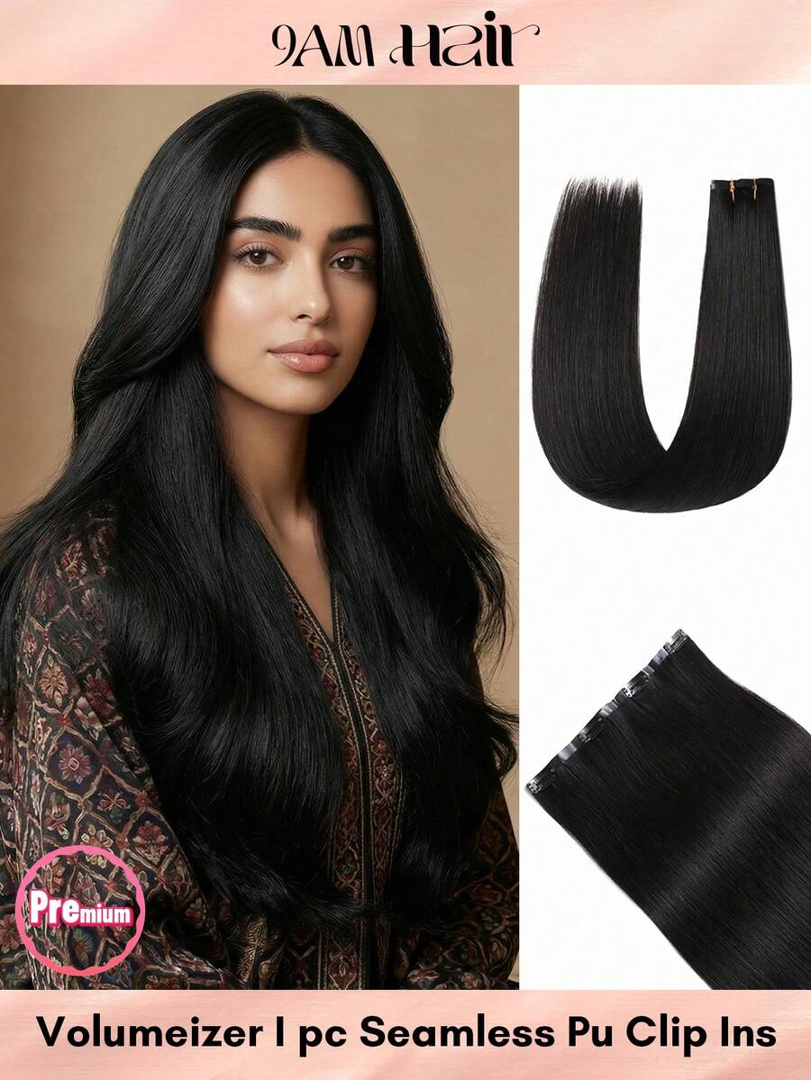 Seamless Clip Ins 丰盈假发 55克 1片 自然黑 100% 高品质毛鳞片顺滑 Remy 真人发 无痕 PU 夹式接发片 - Natural Black - 查看 1