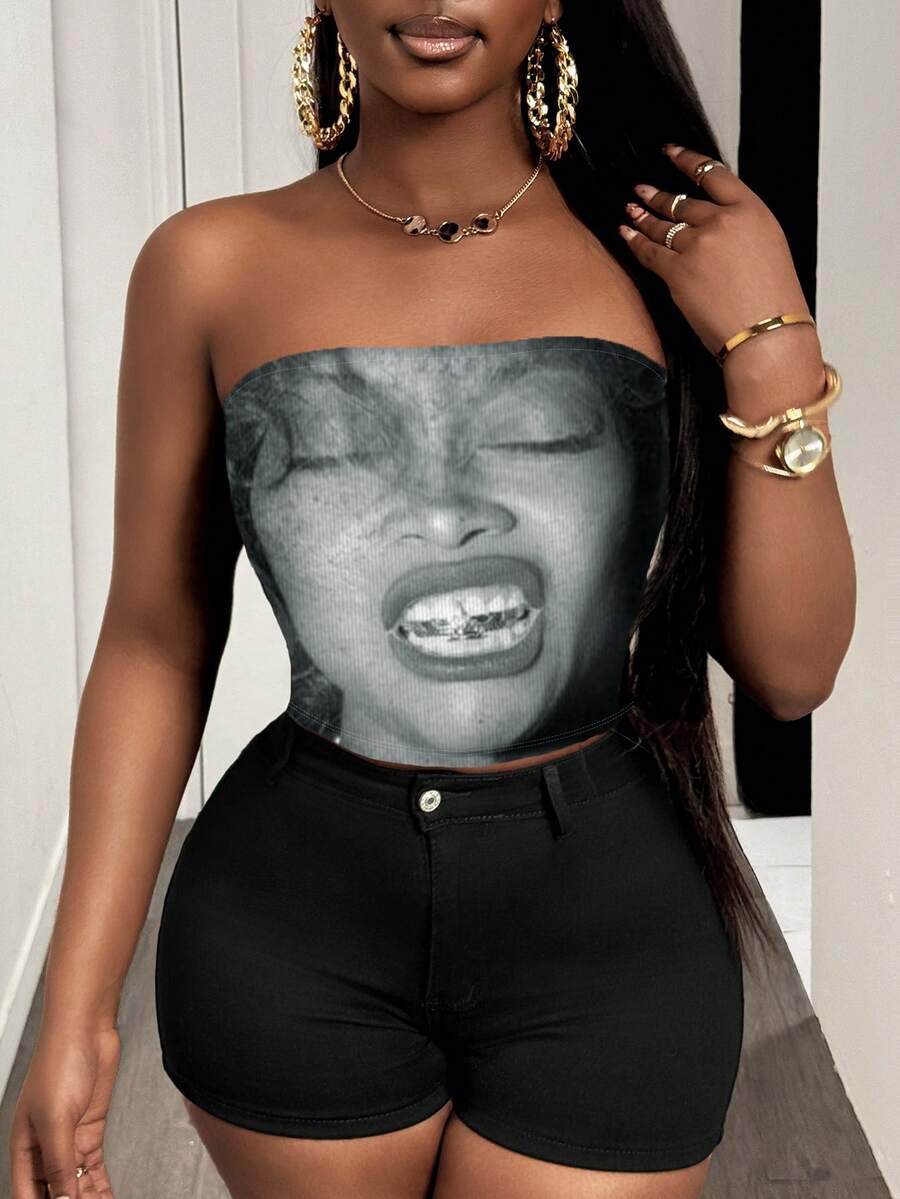 EMERY ROSE Plus Size Women's Summer Fashionable Girl Figure Print Cropped Tube Top - Multicolor - View 1