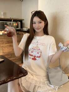 DAZY 女款圆领韩版短袖印花T恤 宽松图案T恤 - 白色 - 查看 2