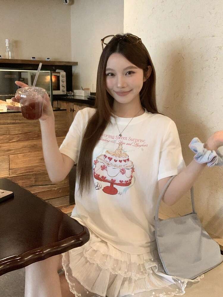 Women's Round Neck Korean Style Short Sleeve Printed T-Shirt Oversized