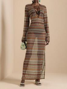 Vesra 女士网纱钩编风格沙滩度假连衣裙 - 咖啡 - 查看 5