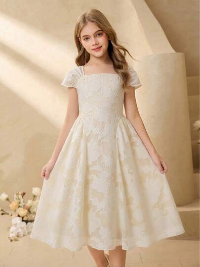 SHEIN Vestido de gasa con diseño floral calado para niñas, vestido elegante de unicolor albaricoque con diseño lateral con estilo, adecuado para uso diario, graduación y varias ocasiones en primavera y verano