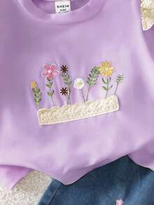 SHEIN Playful Pals 两件套女童夏季休闲可爱圆领短袖套装，包括一件绣花白色T恤和一条绣花短裤，整体可爱百搭，适合户外休闲穿着，舒适透气。 - 紫色 - 查看 4