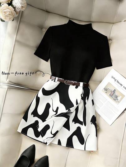GlowEve CURVE Falda corta casual con estampado de bloques de color para mujer de talla grande