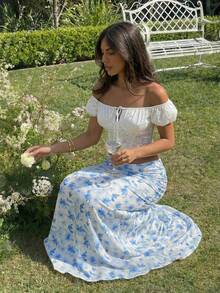 KARISMINA Falda de línea A impresa elegante y romántica para vacaciones, falda de dama azul - Azul y blanco - Ver 4