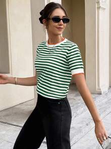 Casual Striped Knit Tops - Green - View 5