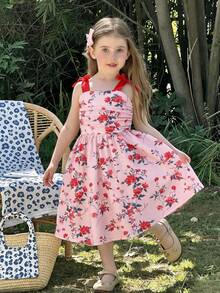 Cute Girls Floral Print Camisole Dress With Bow, Sleeveless Mid-Length Casual Dress, Summer Outfit - Red - View 4