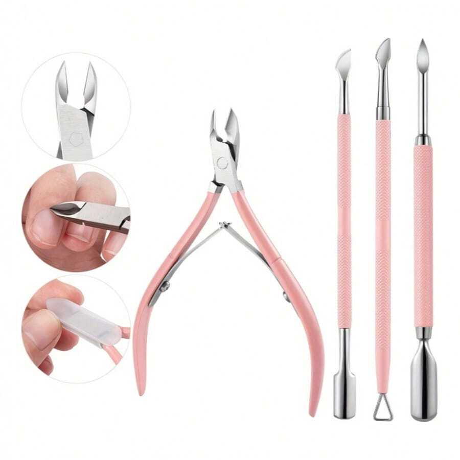 粉色角质层钳套装，不锈钢角质层修剪器，双头角质层推，指甲油凝胶卸甲器，指甲和足部护理工具 - 粉色 - 查看 1