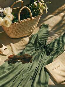 Trelyra 法式优雅缎面V领无袖收腰连衣裙 - 綠色 - 查看 1