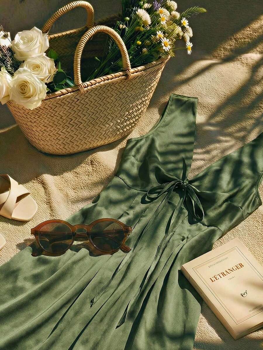 Trelyra 法式优雅缎面V领无袖收腰连衣裙 - 綠色 - 查看 1