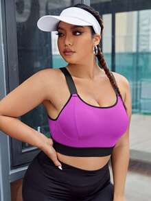SHEIN Sports 加大码撞色包边交叉后背运动文胸，内置胸垫，不可拆卸胸垫，高支撑背心式设计，适合健身、瑜伽、跑步等运动，黑色，适合中国新年穿着 - 彩色 - 查看 5
