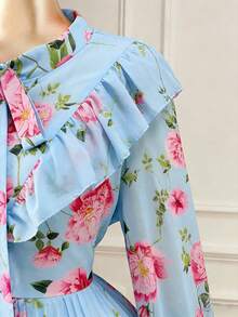 Rometta 大码女士浪漫印花约会之夜优雅雪纺褶皱长袖连衣裙，腰部系带 - 淺藍色 - 查看 8