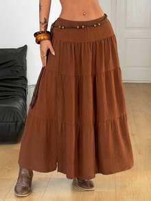 Coolane 女士四季皆宜音乐会、锐舞派对、音乐节、外出、文艺复兴集市蕾丝侧开衩半身裙，适合度假、西部风情、Y2K风格面料 - 棕色 - 查看 5