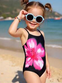 SHEIN Young Girls, Hibiscus, Frangipani, Beach Holiday, Casual Minimalist One Piece Swimsuit Suitable For Summer Beach, Young Girl Swimwear, Vacay Romance, Vacay Vibes - Black - View 1
