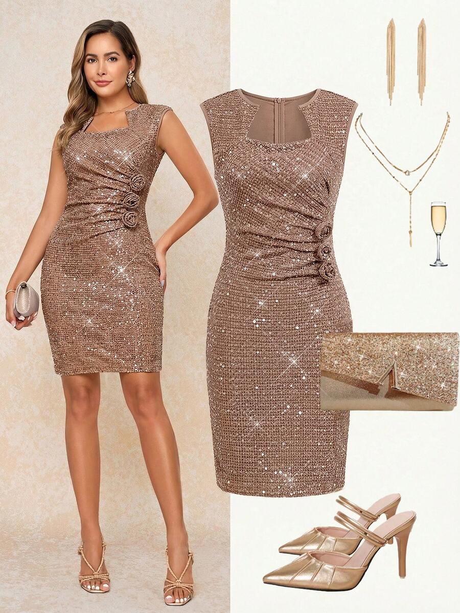 Ellevyn Women's Notched Neck Sleeveless Fitted Ruched 3D Floral Decor Sequin Dress,Pink And Brown,Summer,Seductive,Party Sparkly Slim-Fit Mini Wedding Guest - Coffee Brown - View 1