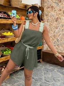 SHEIN Holidaya 大码女装春夏方领条纹印花撞色A字休闲度假装 - 軍綠色 - 查看 3