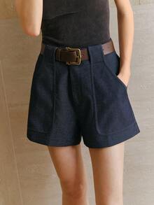 Anewsta Shorts Femininos de Cintura Alta Casual com Cinto Destacável e Abotoamento Duplo, Azul Marinho, Adequado para Primavera e Verão - Azul Marinho - Visão 7